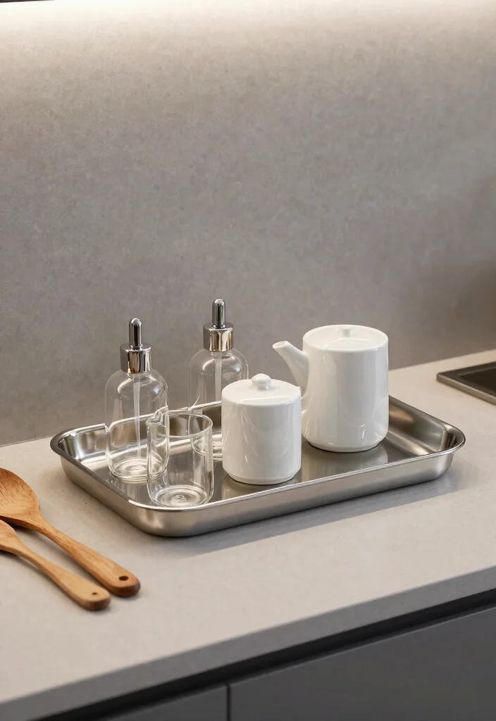 10 Kitchen Oil Tray Ideas That Keep Counters Clean 4. Minimalist Metal Magic 0