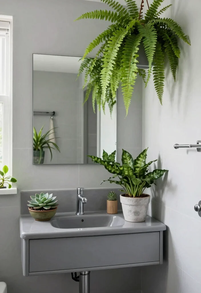 10 Small Grey Bathroom Ideas That Feel Bigger 10. Plants for a Touch of Nature 0