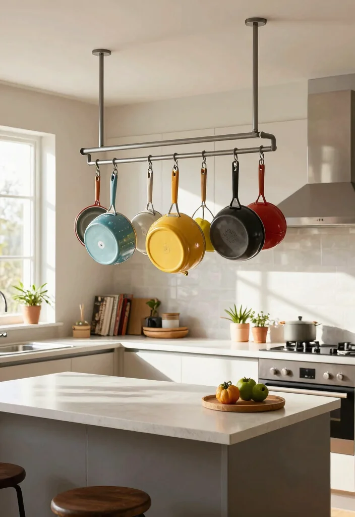 10 Small Kitchen Ideas That Feel Bigger Than They Are 26 10 Small Kitchen Ideas That Feel Bigger Than They Are 6. Hanging Pot Racks for Style and Function 0