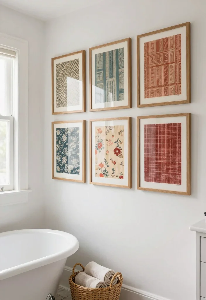 12 Bathroom Wall Art Ideas That Add Personality 7. Framed Vintage Fabrics 0