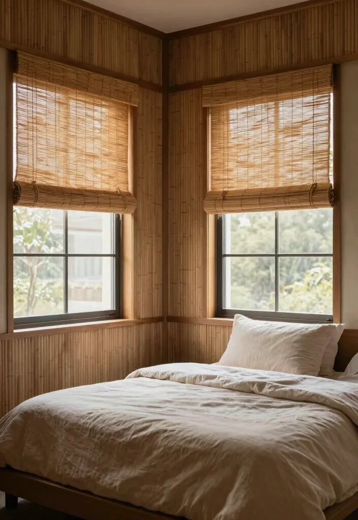 12 Bedroom Wall Paneling Ideas That Add Texture 8. Woven Wood Shades 0