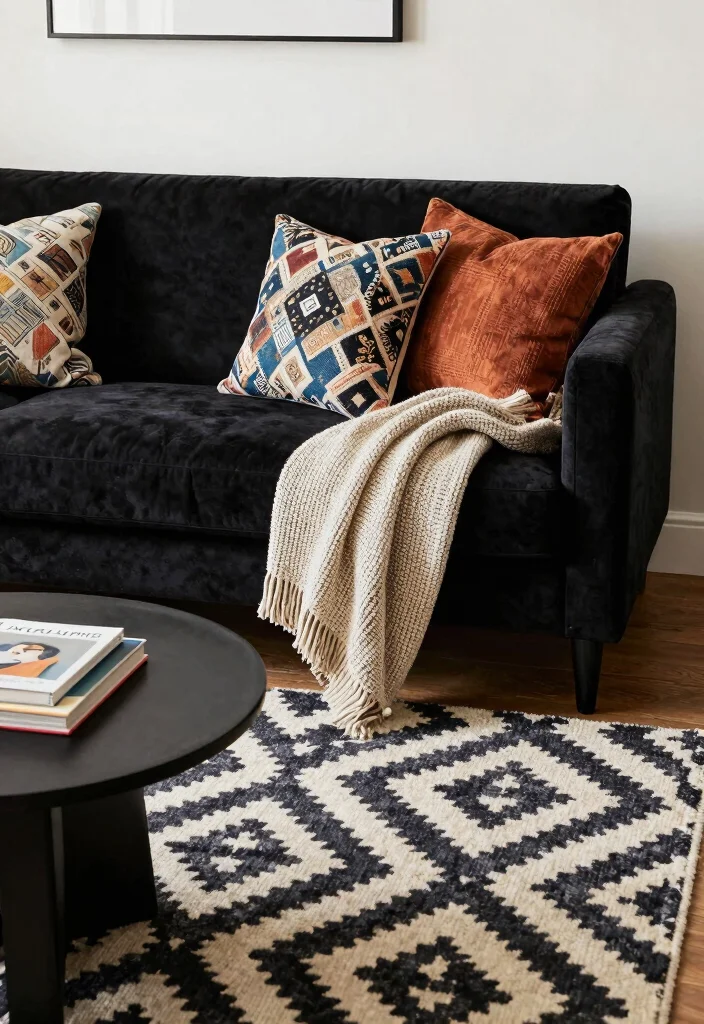 12 Black Apartment Living Room Ideas That Feel Chic 23 12 Black Apartment Living Room Ideas That Feel Chic 3. Chic Textiles and Patterns 0