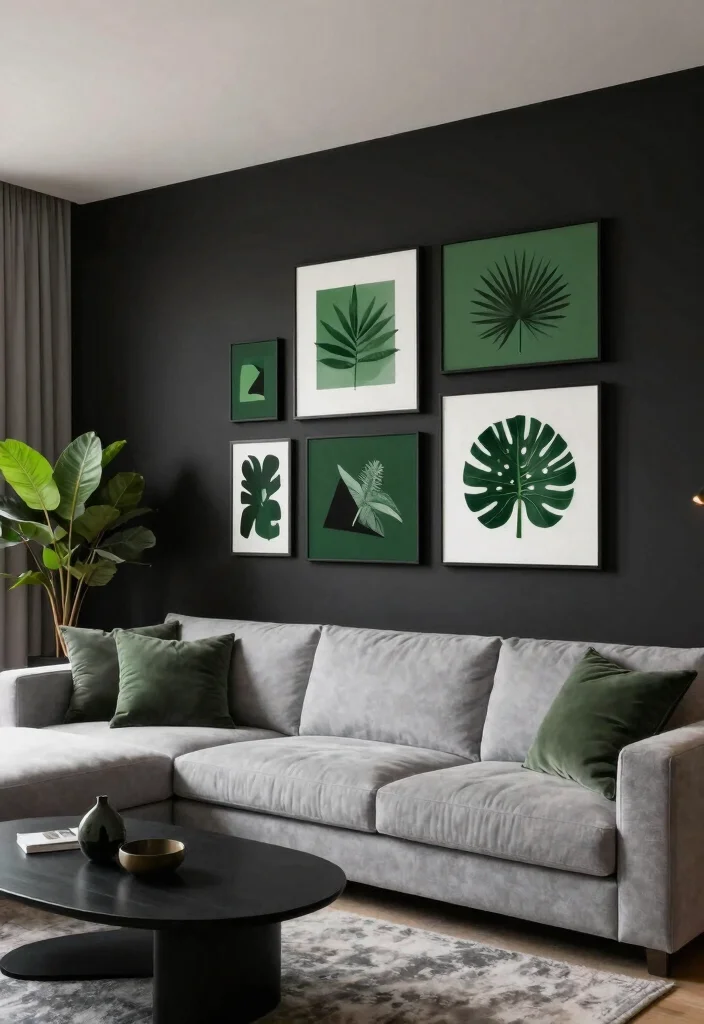 12 Black and Green Living Room Ideas with Bold Contrast 1. Sleek Black Accent Wall 0