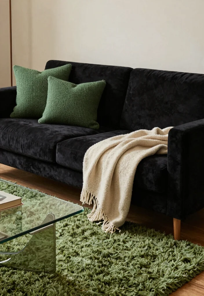 12 Black and Green Living Room Ideas with Bold Contrast 5. Textured Fabrics 0