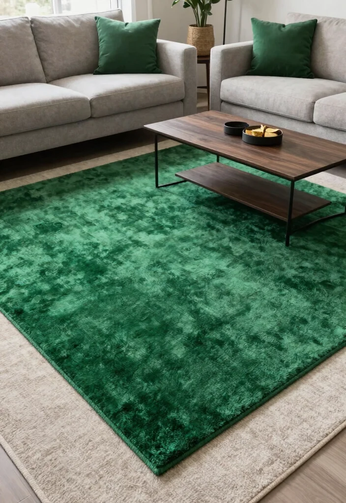 12 Black and Green Living Room Ideas with Bold Contrast 8. Layered Green Rugs 0