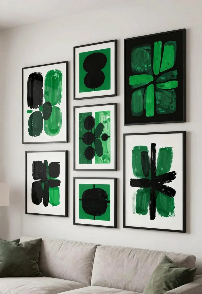 12 Black and Green Living Room Ideas with Bold Contrast 9. Black and Green Wall Art 0