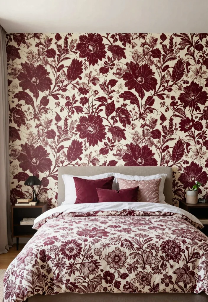 12 Burgundy Bedroom Ideas for a Rich Cozy Mood 11. Embrace Bold Patterns with Caution 0