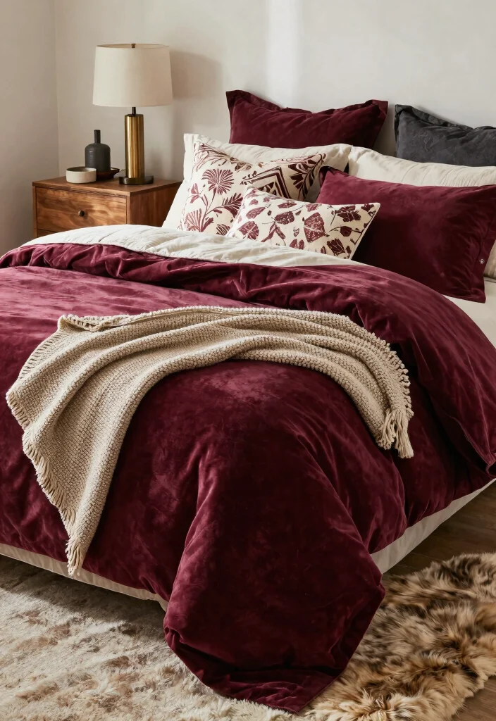 12 Burgundy Bedroom Ideas for a Rich Cozy Mood 2. Layered Textures and Patterns 0