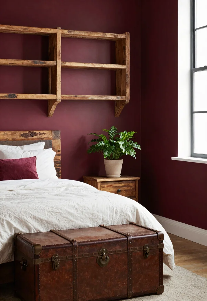 12 Burgundy Bedroom Ideas for a Rich Cozy Mood 5. Rustic Elements to Balance Elegance 0
