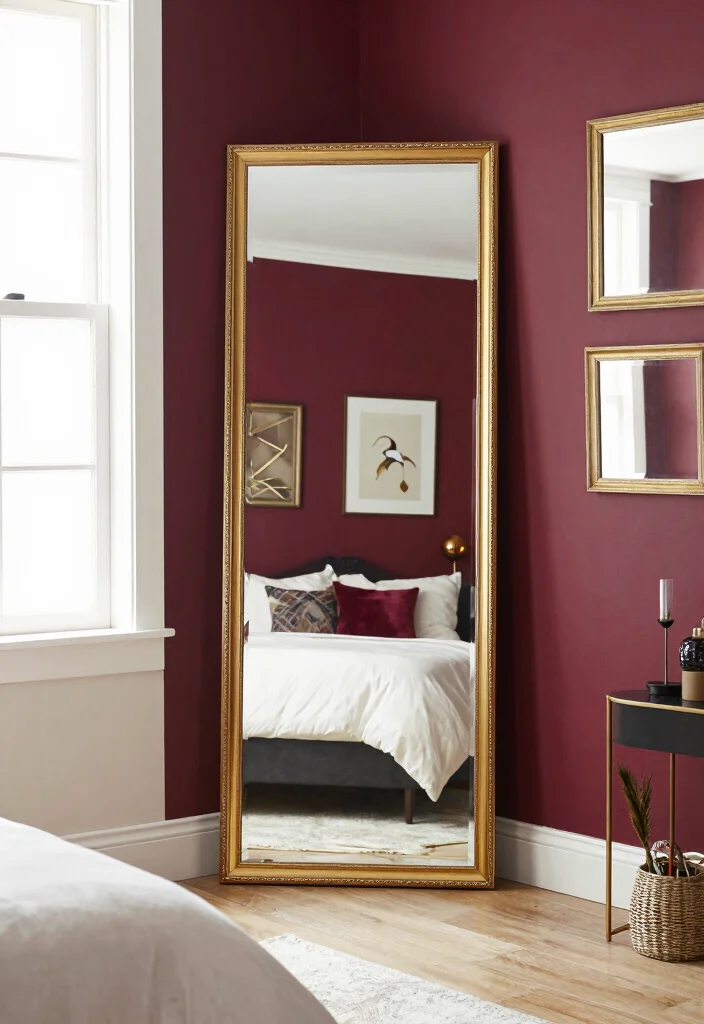 12 Burgundy Bedroom Ideas for a Rich Cozy Mood 8. Maximize Space with Mirrors 0