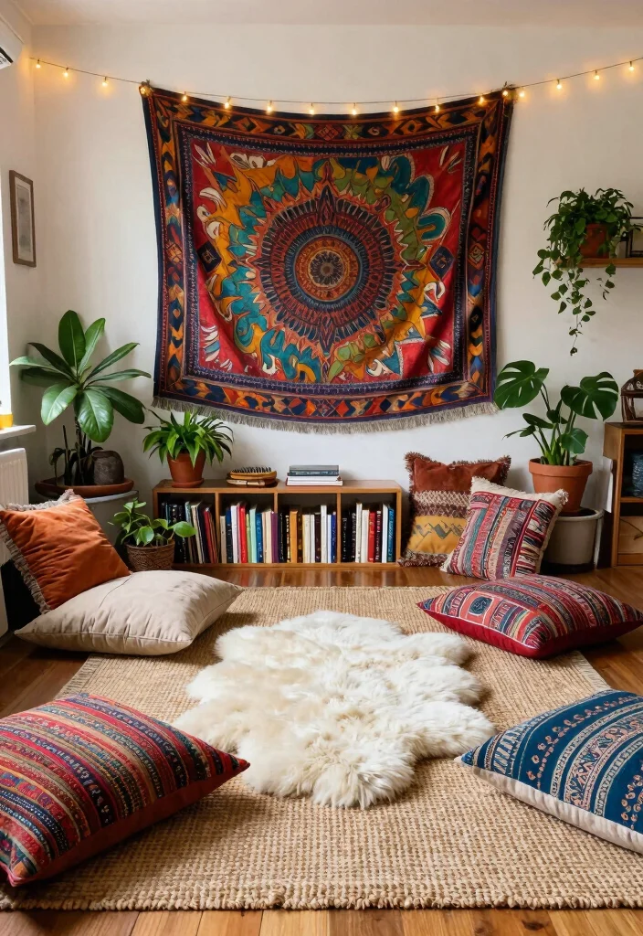 12 College Living Room Ideas That Are Budget Friendly 1. Bohemian Vibes with Tapestries 0