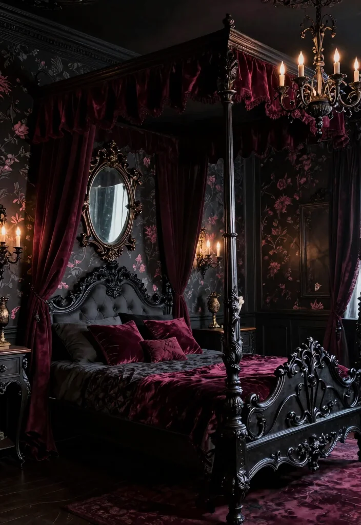 12 Dark Cozy Bedroom Ideas for a Moody Retreat 5. Gothic Inspired Decor Elements 0