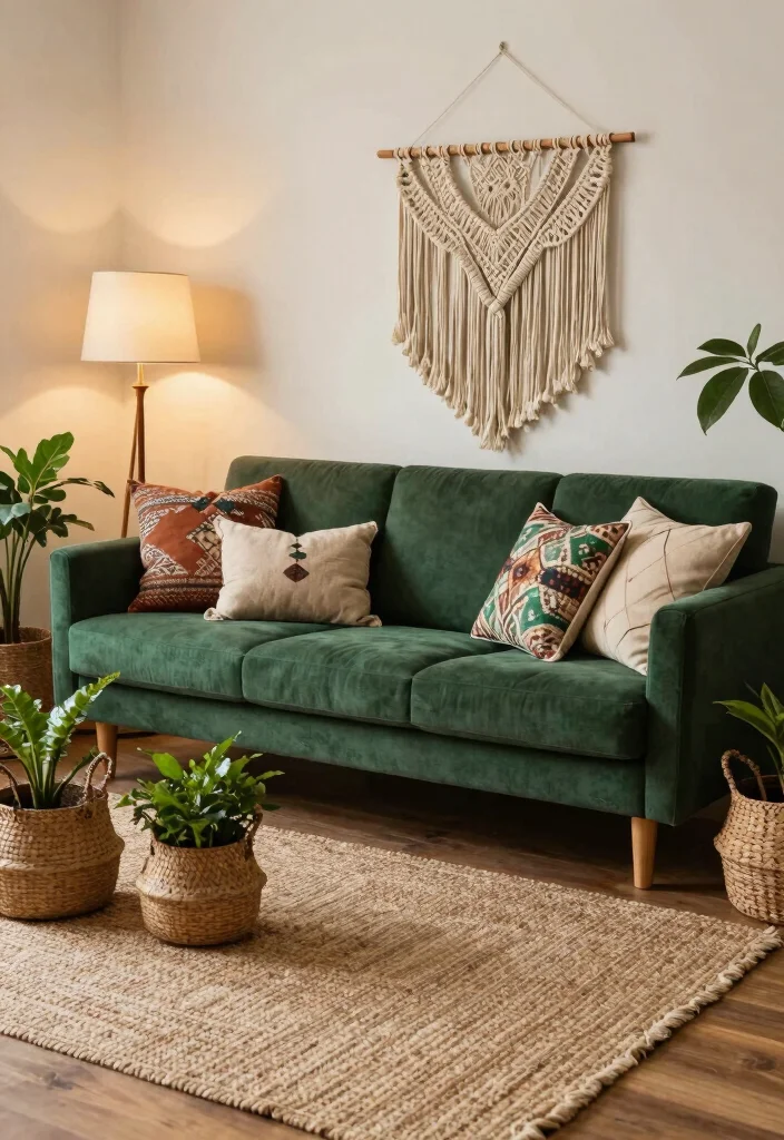 12 Dark Green Sofa Living Room Ideas That Feel Trendy 1 12 Dark Green Sofa Living Room Ideas That Feel Trendy 1. Boho Beauty Dark Green with Earthy Textures 0