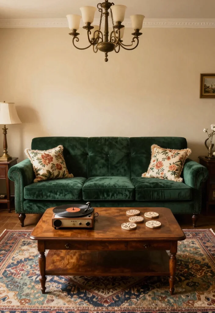 12 Dark Green Sofa Living Room Ideas That Feel Trendy 23 12 Dark Green Sofa Living Room Ideas That Feel Trendy 3. Vintage Charm Dark Green with Retro Accents 0