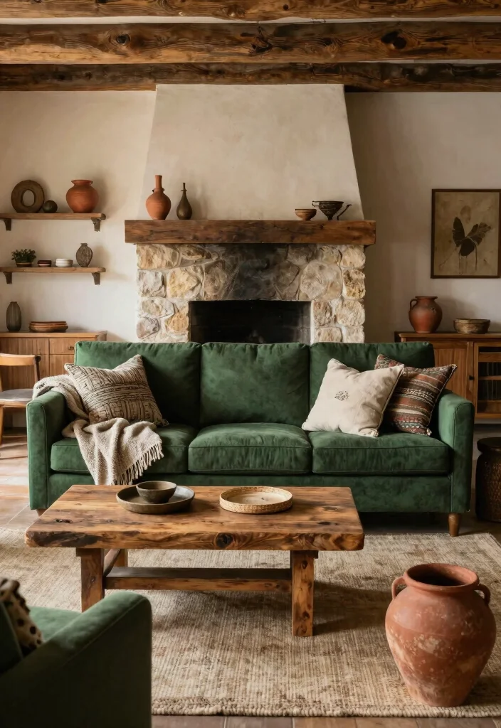 12 Dark Green Sofa Living Room Ideas That Feel Trendy 37 12 Dark Green Sofa Living Room Ideas That Feel Trendy 7. Rustic Retreat Dark Green with Natural Elements 0