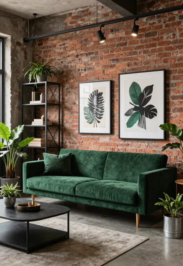 12 Dark Green Sofa Living Room Ideas That Feel Trendy 49 12 Dark Green Sofa Living Room Ideas That Feel Trendy 9. Urban Chic Industrial Accents with Dark Green 0