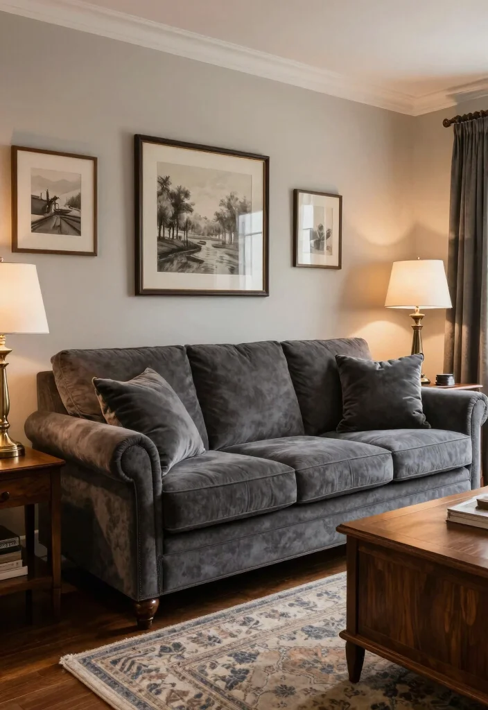 12 Dark Grey Sofa Living Room Ideas with Depth 12. Traditional Touch 0