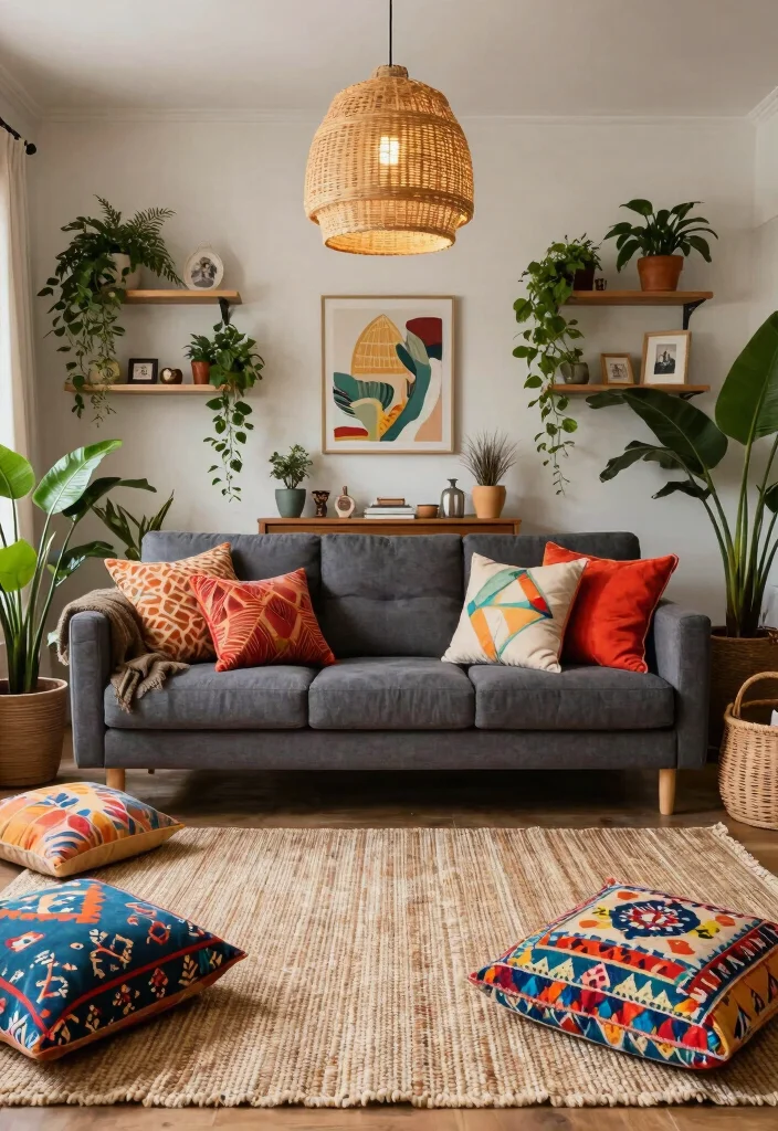 12 Dark Grey Sofa Living Room Ideas with Depth 2. Bohemian Bliss 0