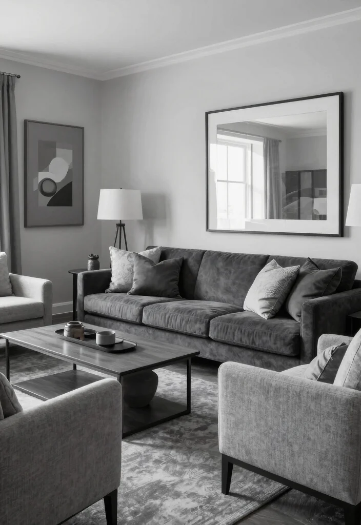 12 Dark Grey Sofa Living Room Ideas with Depth 7. Monochromatic Mood 0