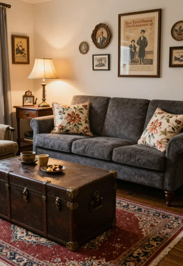 12 Dark Grey Sofa Living Room Ideas with Depth 9. Vintage Charm 0