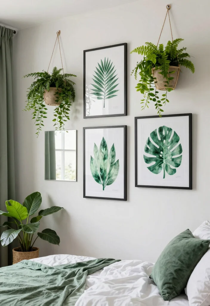 12 Emerald Green Bedroom Ideas That Feel Luxurious 10. Wall Decor with Greenery 0