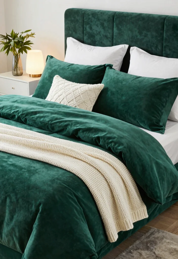 12 Emerald Green Bedroom Ideas That Feel Luxurious 2. Opulent Velvet Bedding 0