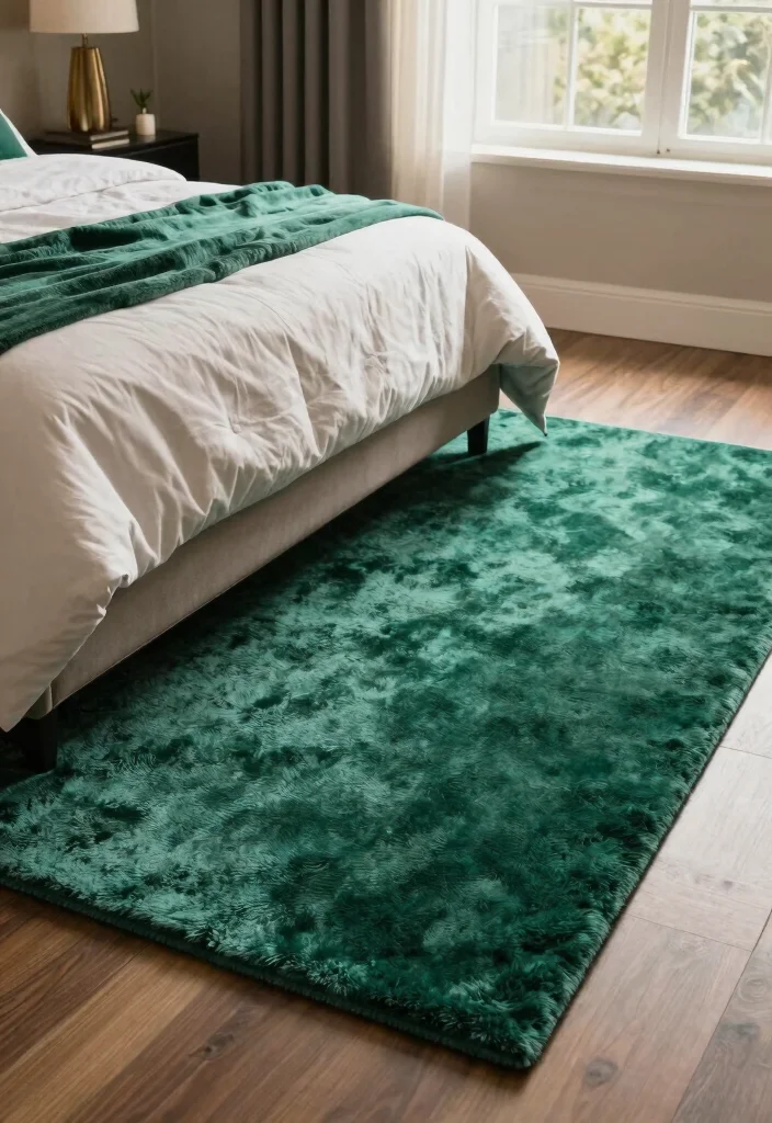 12 Emerald Green Bedroom Ideas That Feel Luxurious 9. Elegant Area Rugs 0