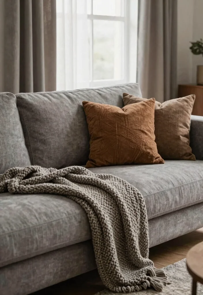 12 Gray and Brown Living Room Ideas That Feel Warm 6. Layered Textiles 0