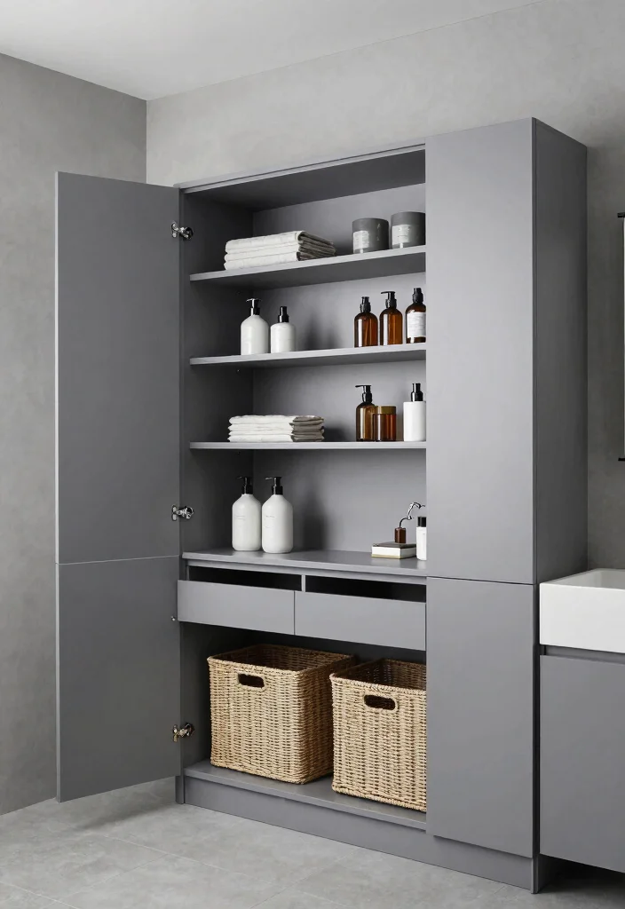 12 Grey Bathroom Ideas That Feel Modern and Timeless 10. Smart Storage Solutions 0