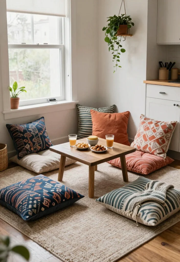 12 Kitchen Sitting Area Ideas for Casual Meals 3. Cozy Corner with Floor Cushions 0
