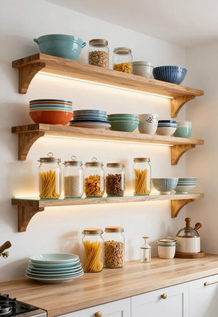12 Kitchen Wall Shelf Ideas That Balance Style and Storage 13 12 Kitchen Wall Shelf Ideas That Balance Style and Storage 3. Open Shelving with Glass Accents 0