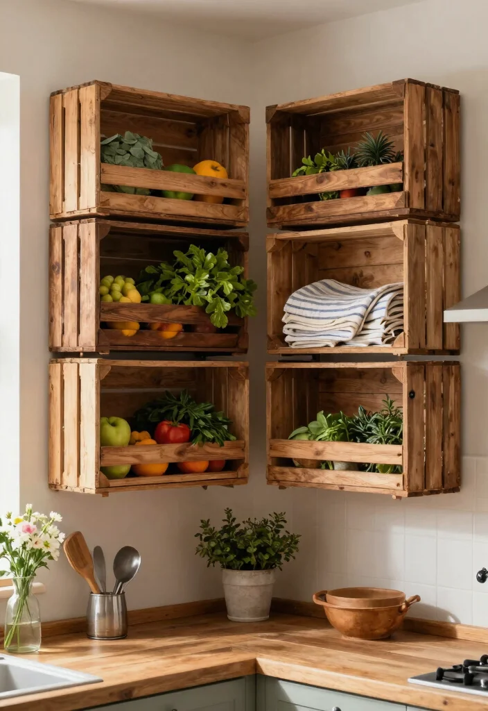 12 Kitchen Wall Shelf Ideas That Balance Style and Storage 14 12 Kitchen Wall Shelf Ideas That Balance Style and Storage 4. Vintage Crates as Shelving 0