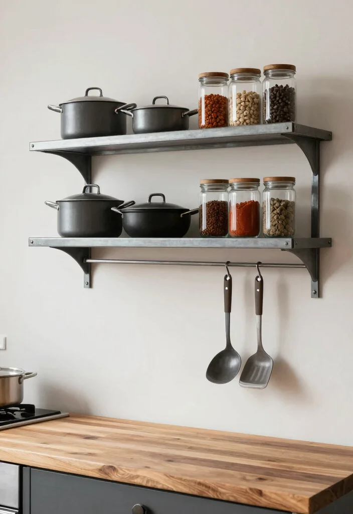 12 Kitchen Wall Shelf Ideas That Balance Style and Storage 47 12 Kitchen Wall Shelf Ideas That Balance Style and Storage 7. Industrial Metal Shelves 0