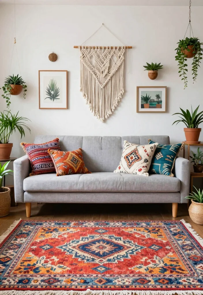 12 Light Gray Couch Living Room Ideas That Style Easily 1. Bohemian Vibes with a Touch of Gray 0