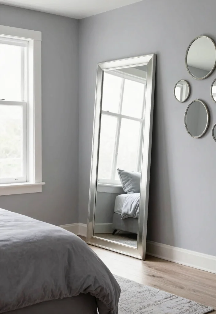 12 Light Grey Bedroom Ideas That Feel Calm and Airy 10. Mirrors for Light Reflection 0