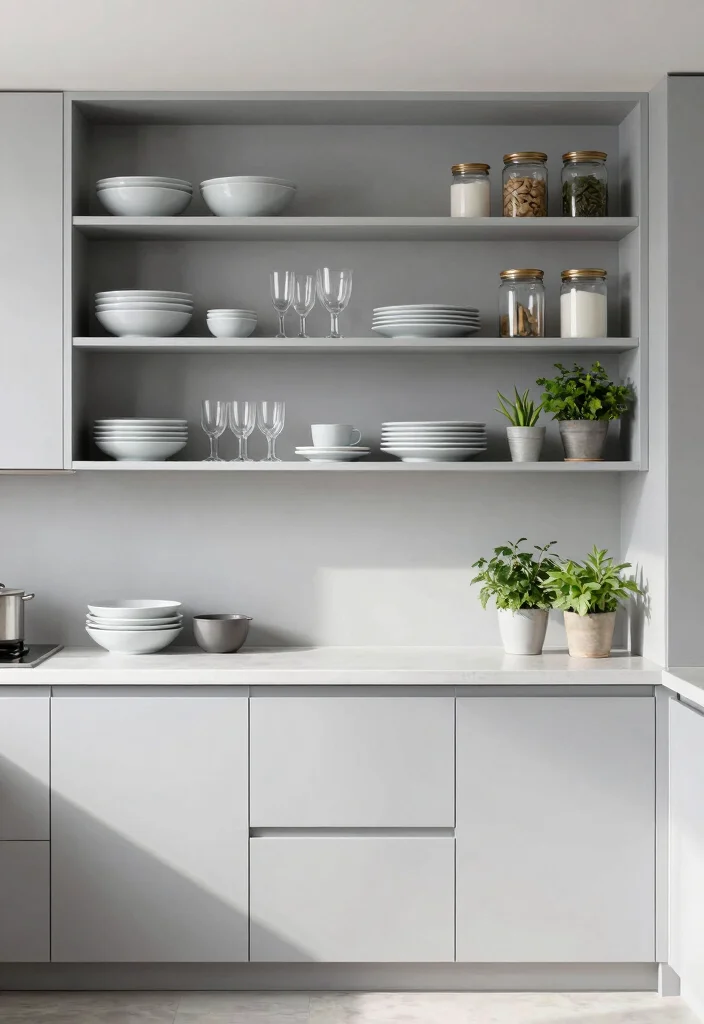 12 Light Grey Kitchen Ideas That Feel Clean and Timeless 3. Minimalist Open Shelving 0