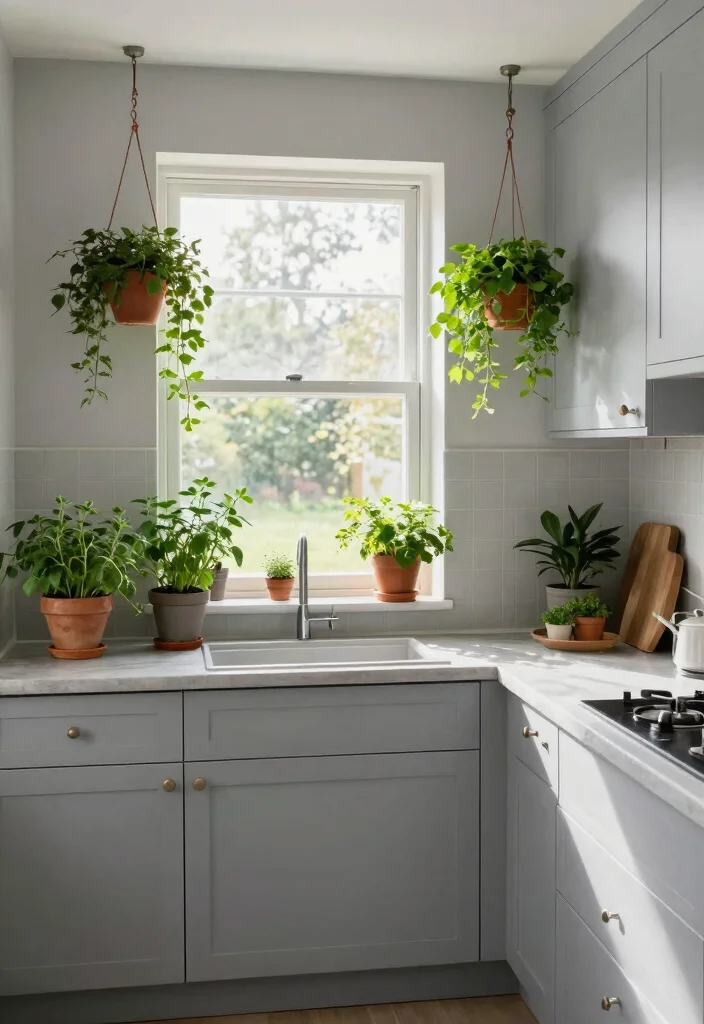 12 Light Grey Kitchen Ideas That Feel Clean and Timeless 9. Greenery and Natural Elements 0