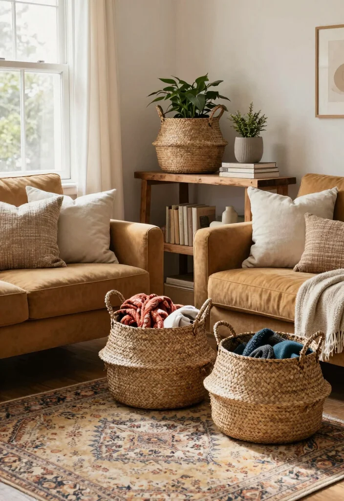 12 Living Room Blanket Storage Ideas That Look Stylish 1. Stylish Woven Baskets 0