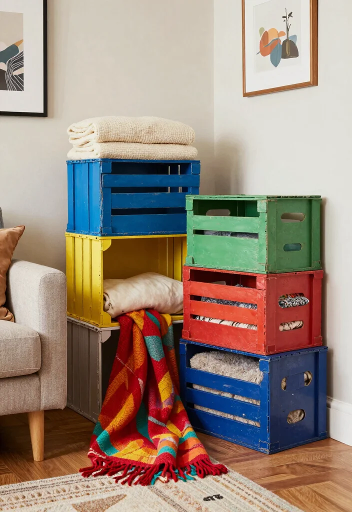 12 Living Room Blanket Storage Ideas That Look Stylish 11. Recycled Crates 0