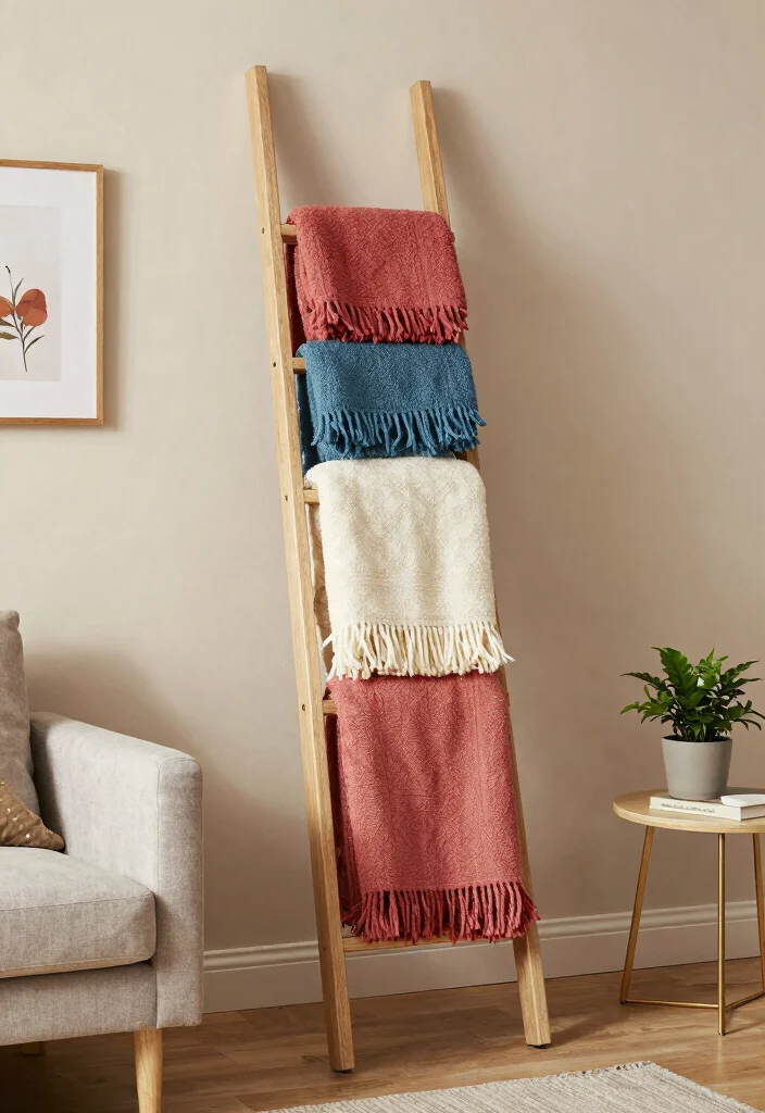 12 Living Room Blanket Storage Ideas That Look Stylish 12. Decorative Ladder Displays 0