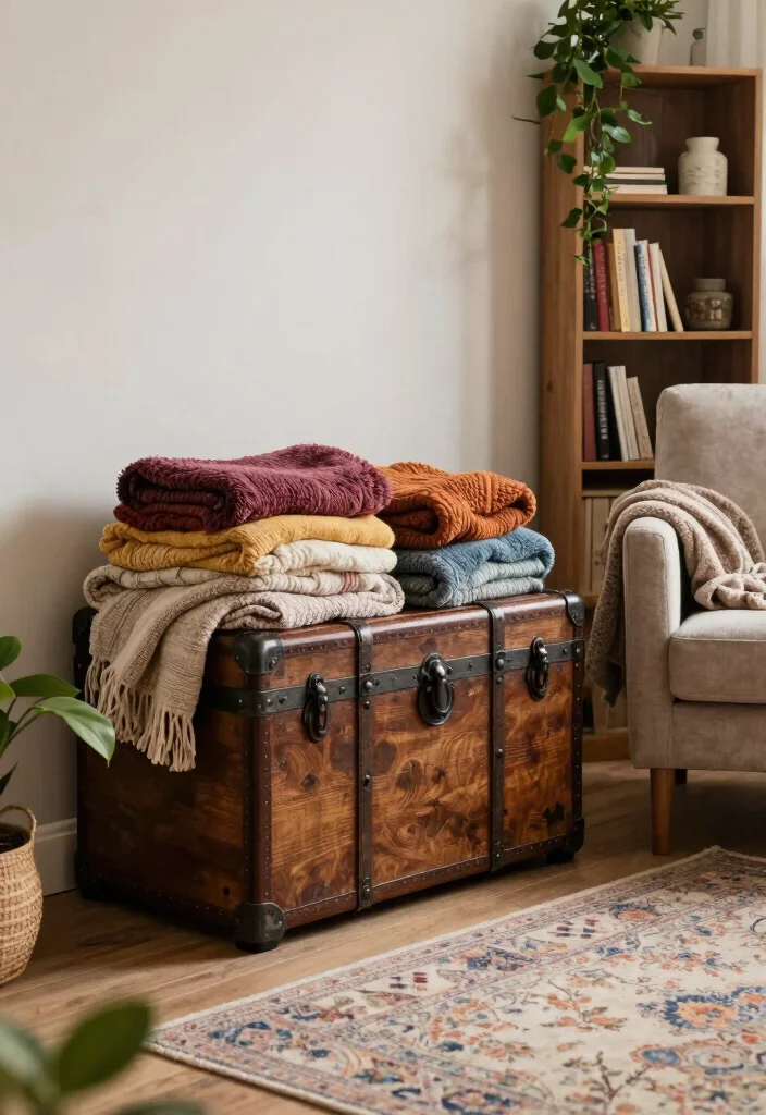 12 Living Room Blanket Storage Ideas That Look Stylish 3. Vintage Trunks 0