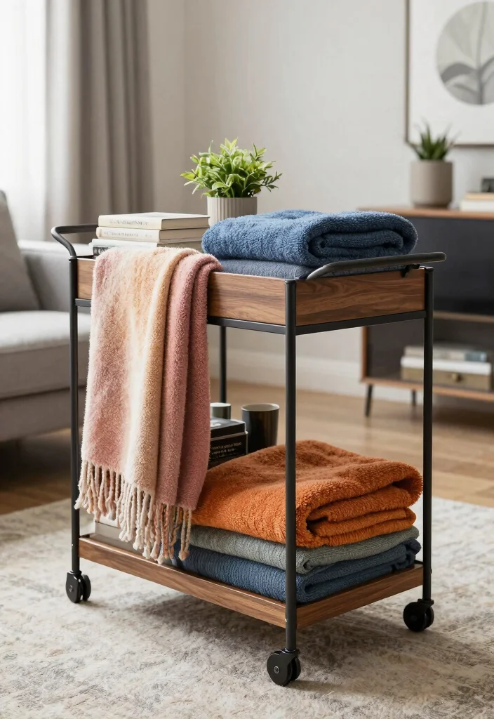 12 Living Room Blanket Storage Ideas That Look Stylish 9. Elegant Display Carts 0
