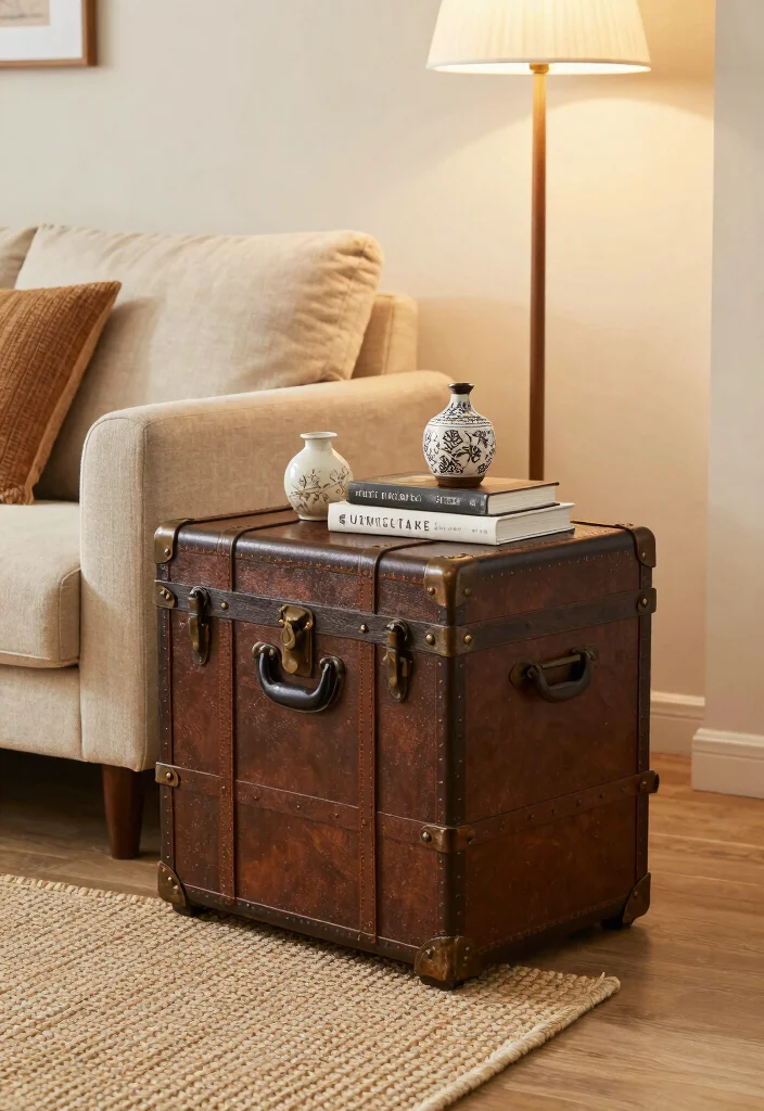 12 Living Room Side Table Ideas That Are Stylish and Useful 5. Vintage Trunks as Coffee Tables 0