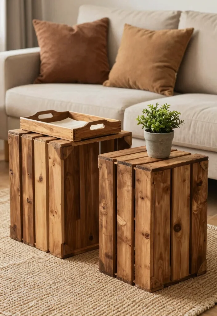 12 Living Room Side Table Ideas That Are Stylish and Useful 9. Repurposed Wooden Crates 0