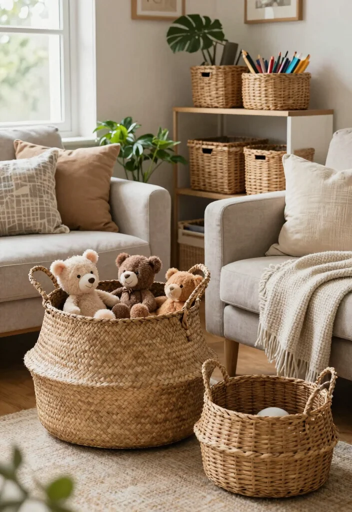 12 Living Room Toy Storage Ideas That Hide the Mess 1. Woven Baskets for a Natural Touch 0