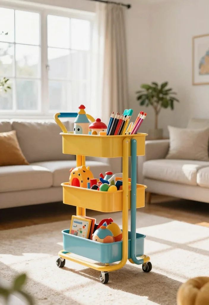 12 Living Room Toy Storage Ideas That Hide the Mess 9. Colorful Toy Storage Carts 0