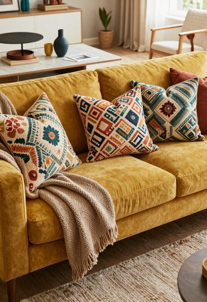 12 Mustard Sofa Living Room Ideas That Add a Pop 1. Playful Patterns and Textures 0