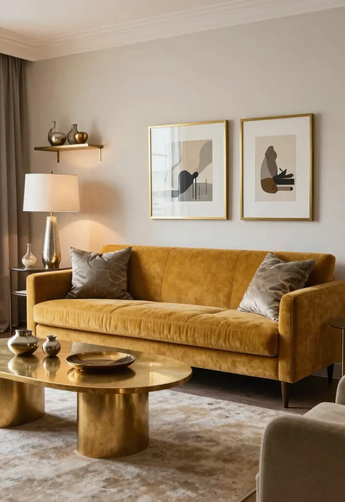 12 Mustard Sofa Living Room Ideas That Add a Pop 9. Incorporate Metallics 0