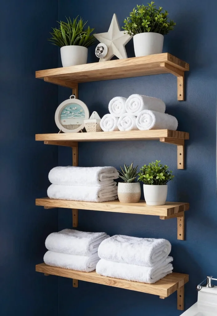 12 Navy Blue Bathroom Ideas That Feel Calm and Sophisticated 10. Open Shelving 0