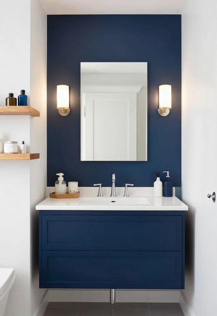 12 Navy Blue Bathroom Ideas That Feel Calm and Sophisticated 2. Navy Blue Accent Walls 0